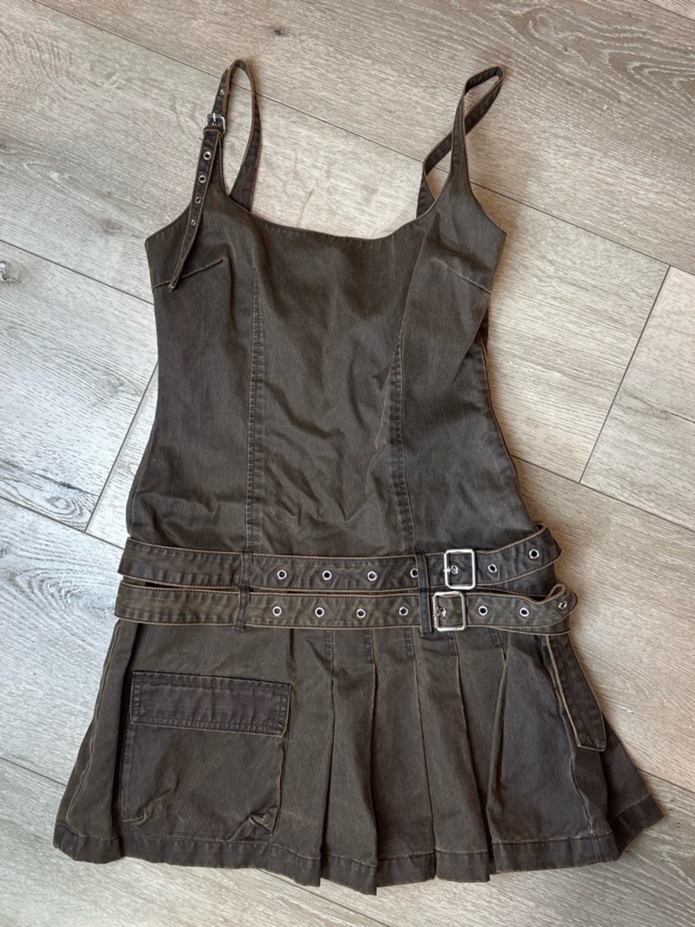 Zara Dark Brown Strapped Pleated Mini Dress